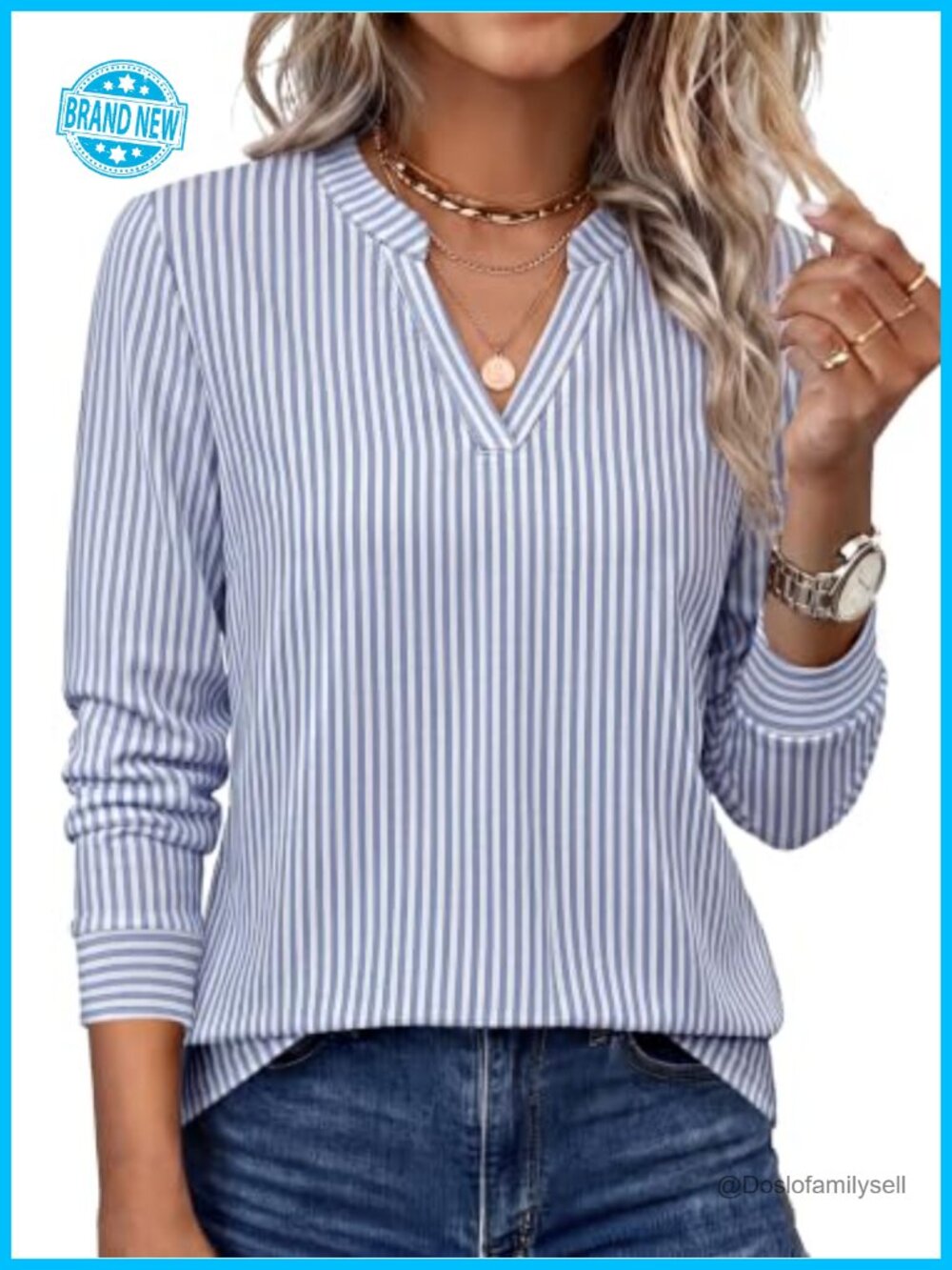 Women's V-Neck Long Sleeve Blouse Striped Business Casual Top